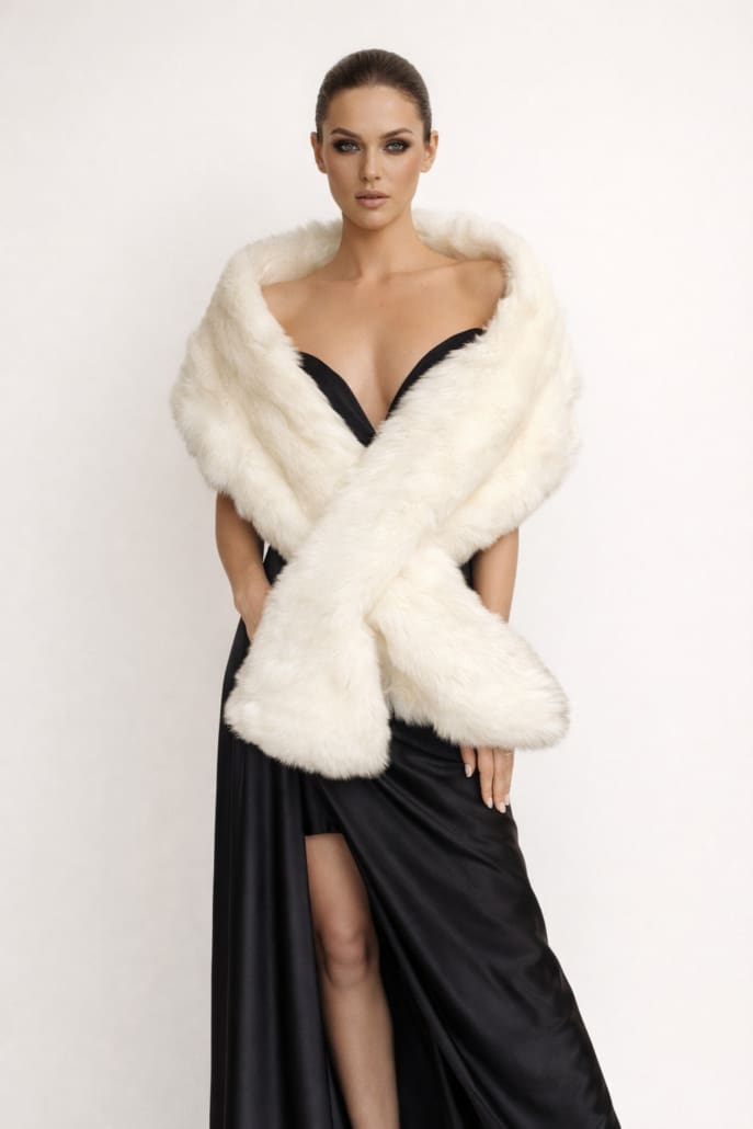 black dress with white fur shawl Angels Faux Wrap in Formal Dress Sequin Dress EP07851DN24 Style:JCS9817 soft faux fur drapes