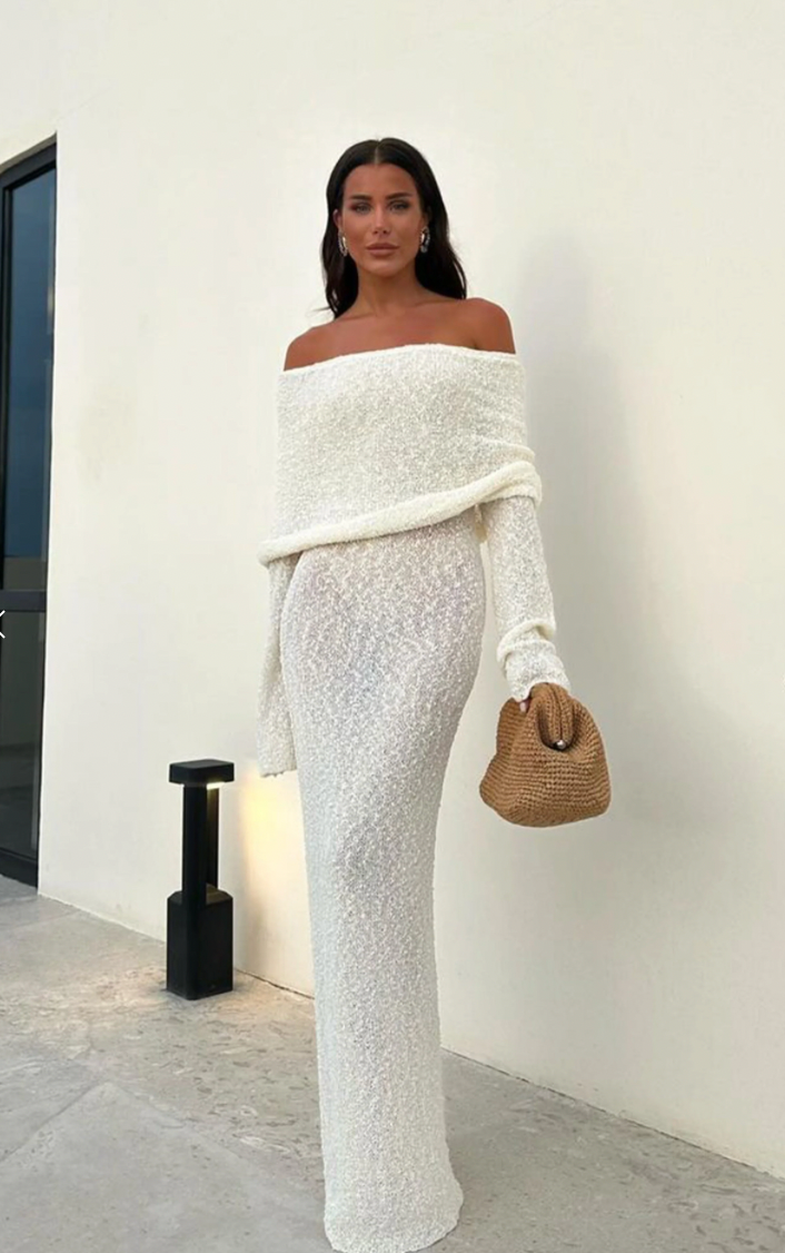 off shoulder meshki dress Meshki Marisol Off Shoulder Boucle Maxi