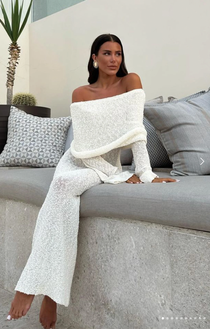 Meshki Marisol Off Shoulder Boucle Maxi Dress - Ivory - Dress Hire NZ