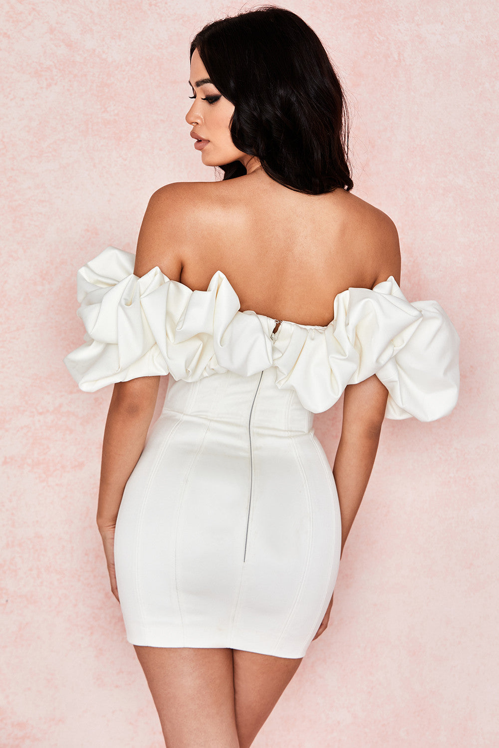 House of CB Selena Ivory Satin Ruffle Strapless Dress - Dress Hire NZ