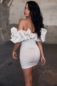 House of CB Selena Ivory Satin Ruffle Strapless Dress - Dress Hire NZ